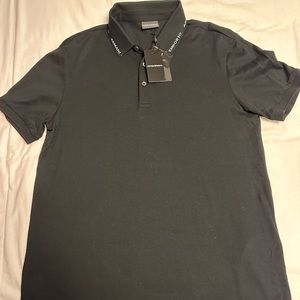 Emporio Armani slim fit script tip collar polo in black. Size xl